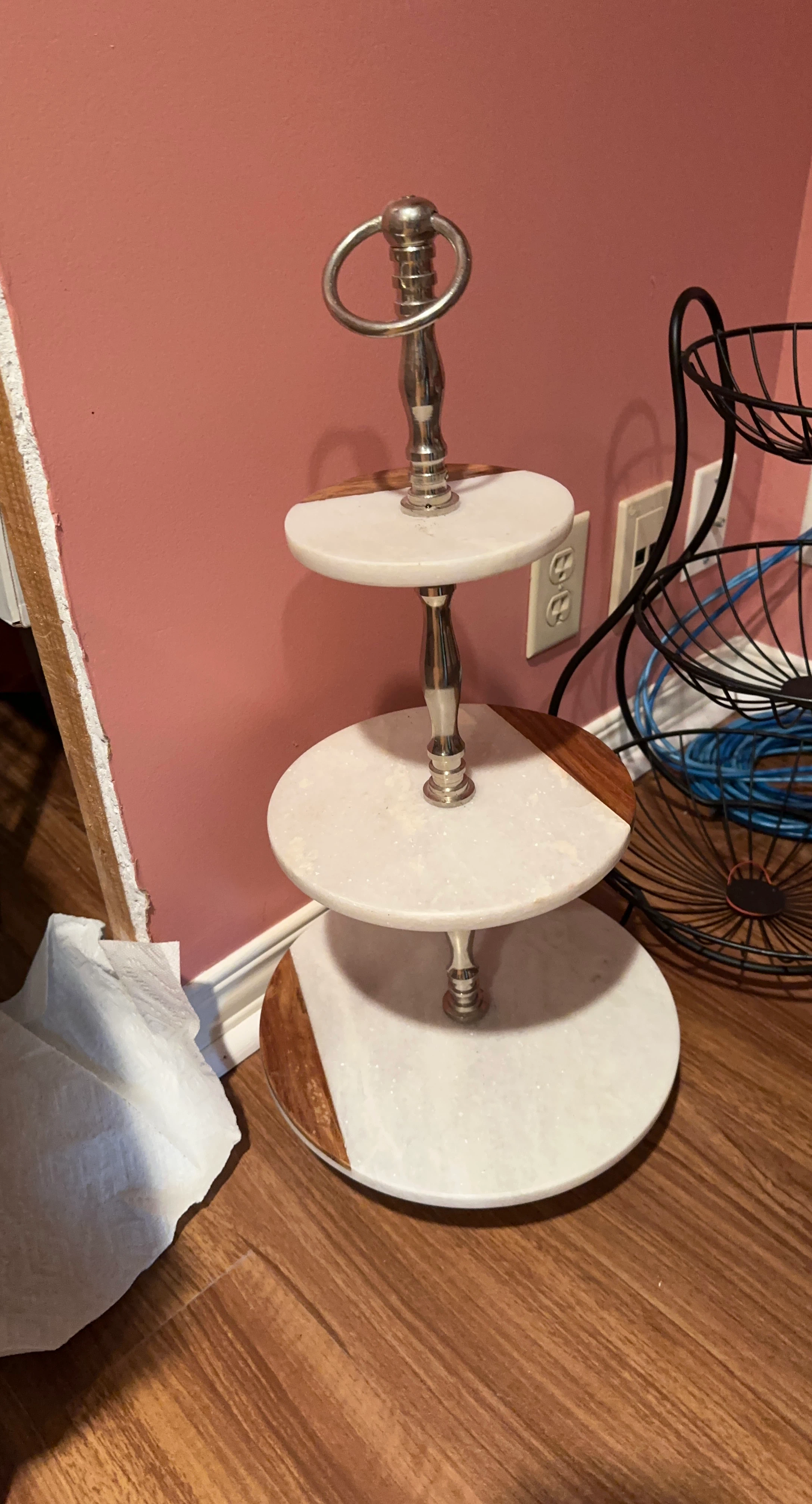 Three-Tier Marble and Wood Serving Stand