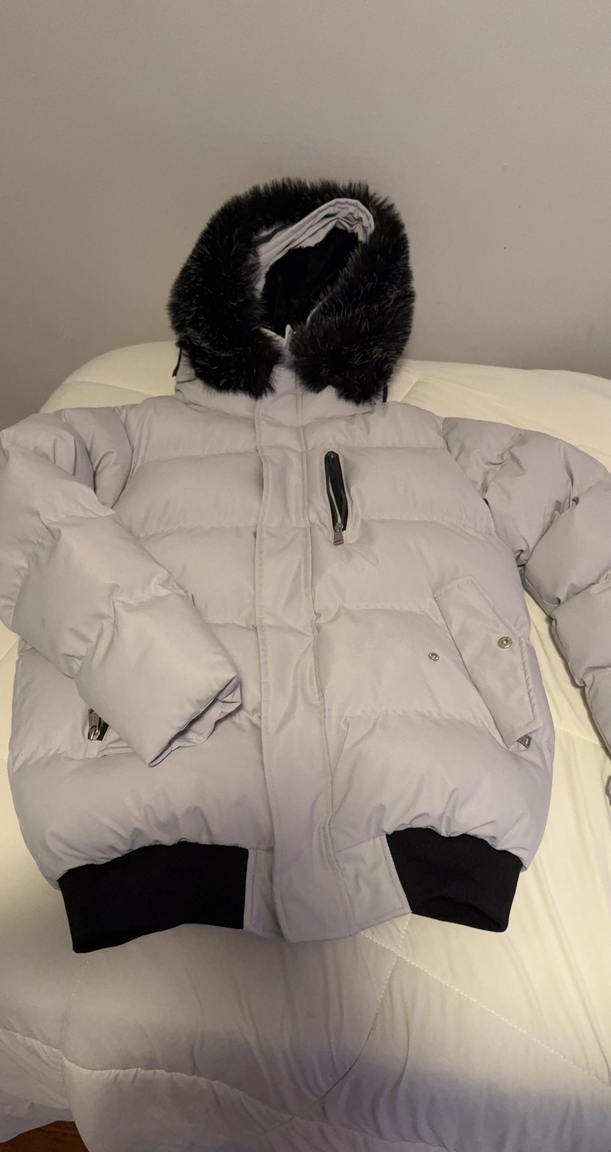 Light Gray Puffer Jacket with Faux Fur Hood