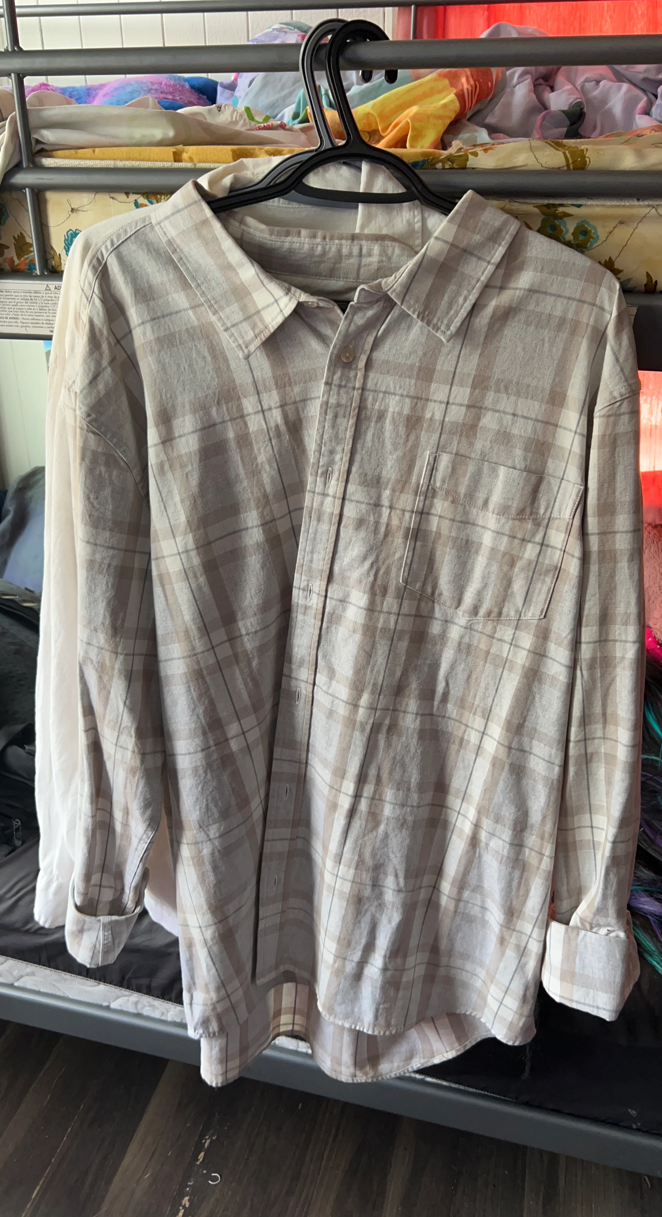 Tan and White Plaid Button-Down Shirt