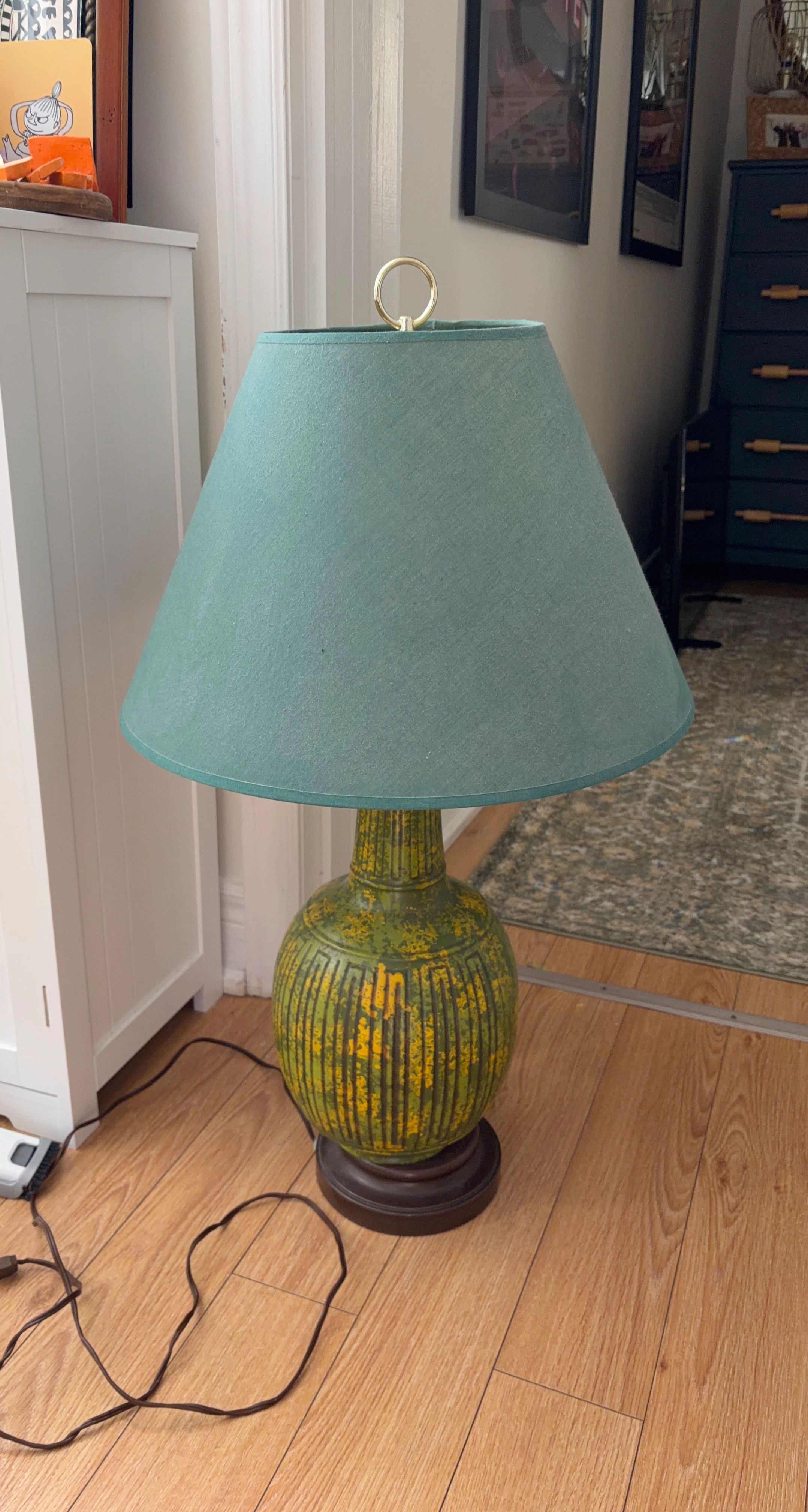 Vintage green ceramic table lamp with teal shade