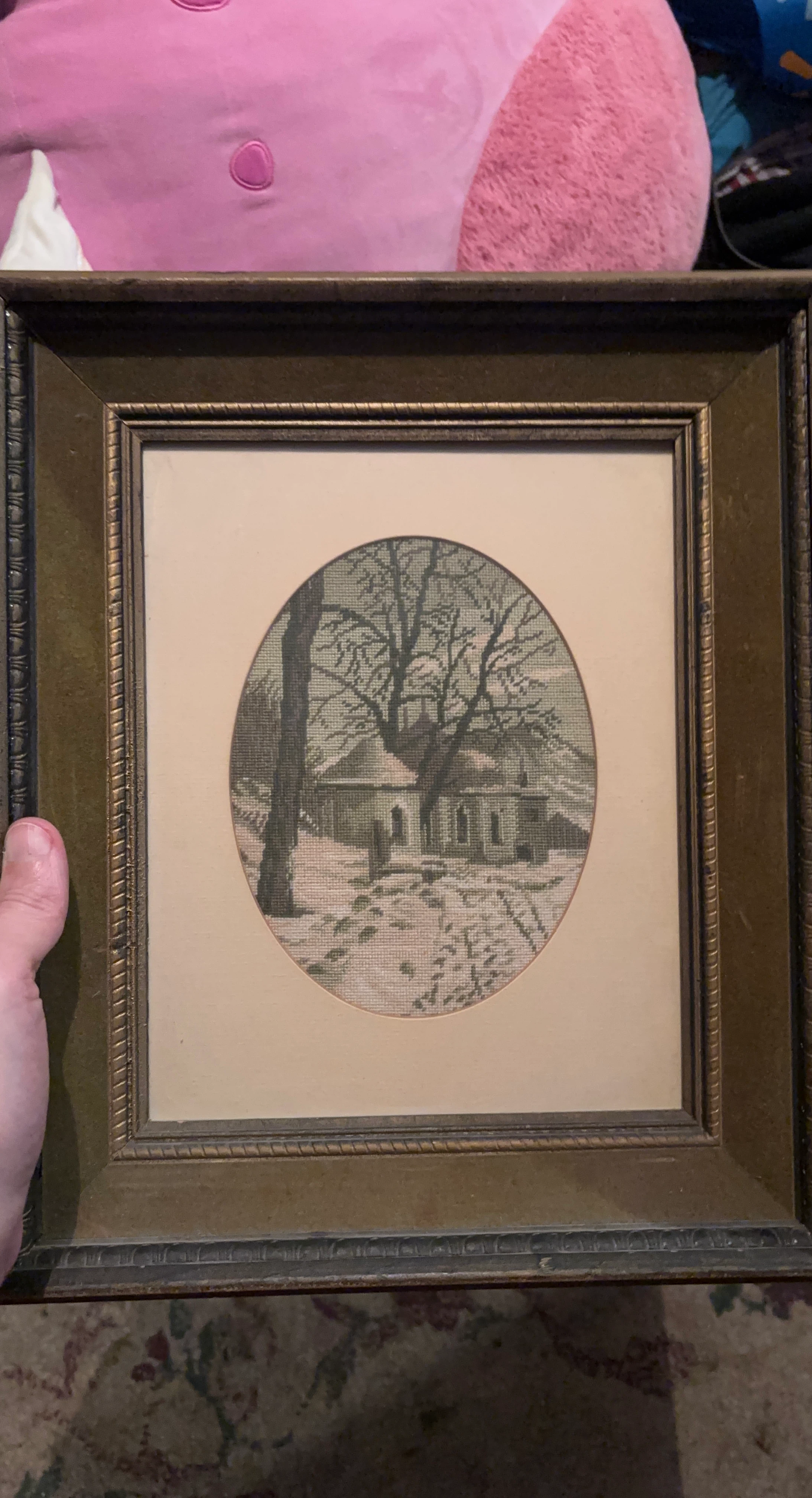 Framed Vintage Cross Stitch Winter Landscape Art