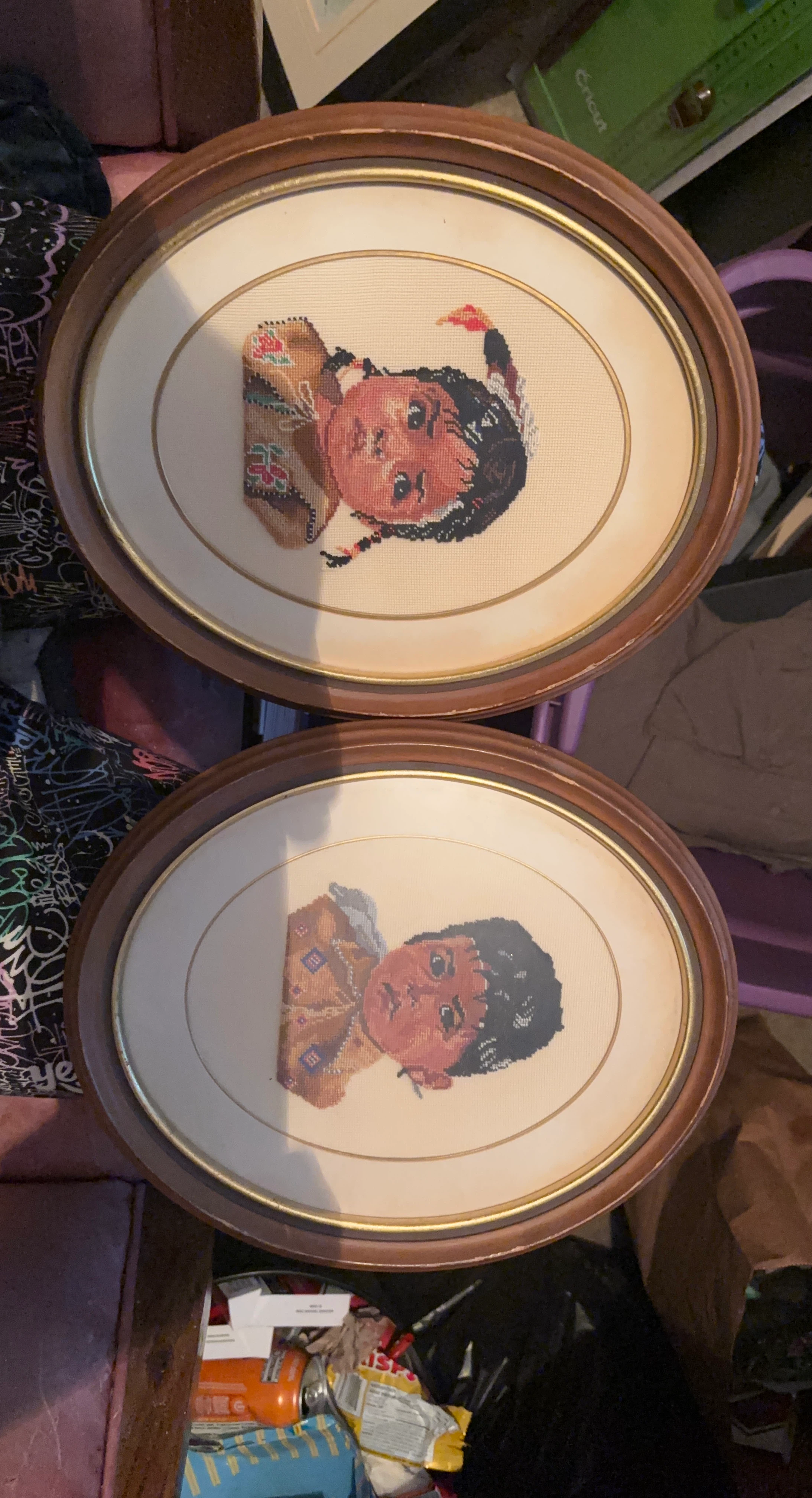 Pair of Vintage Oval Framed Cross Stitch Portraits