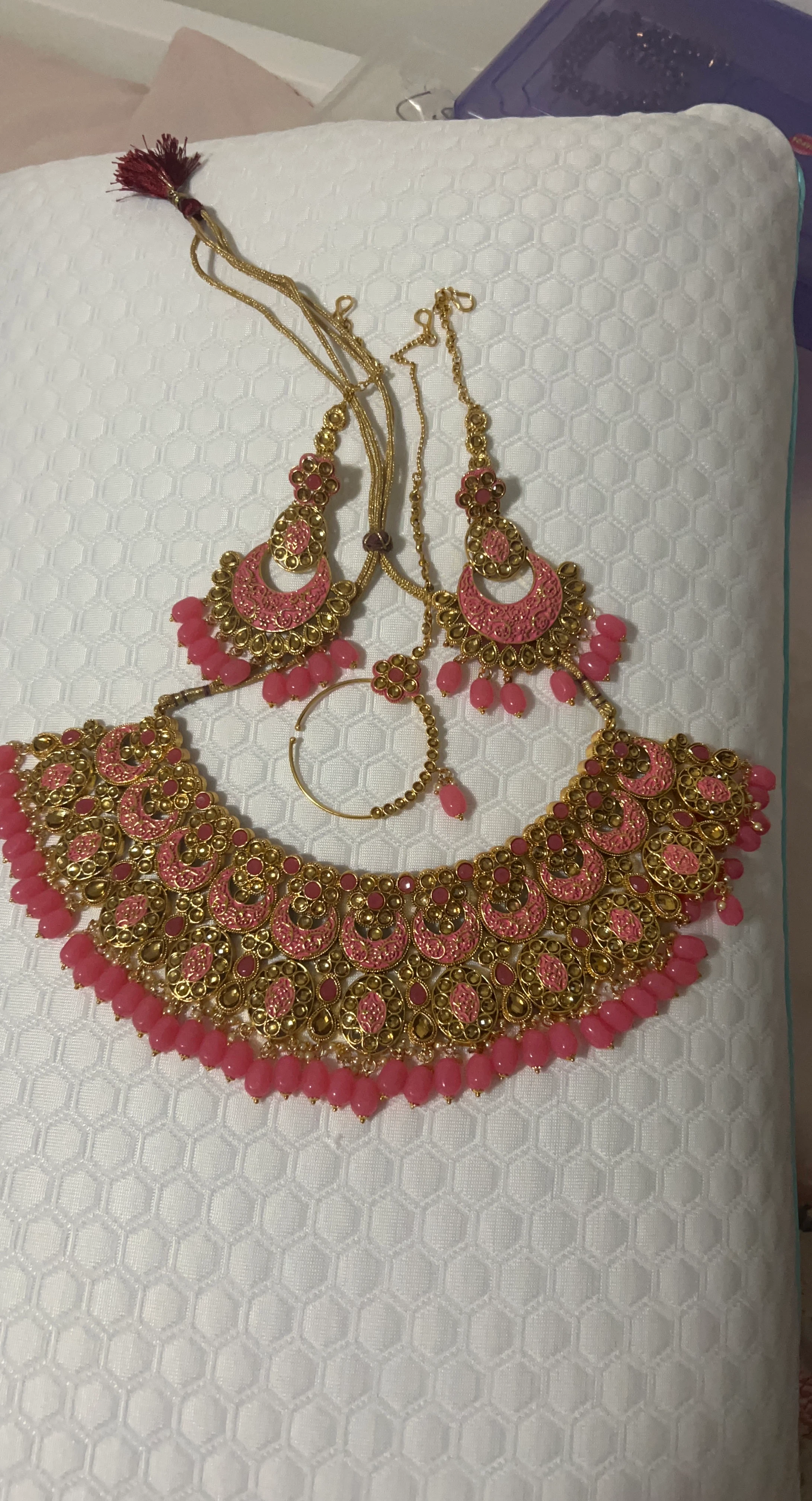Pink and Gold Tone Necklace and Earring Jewelry Set