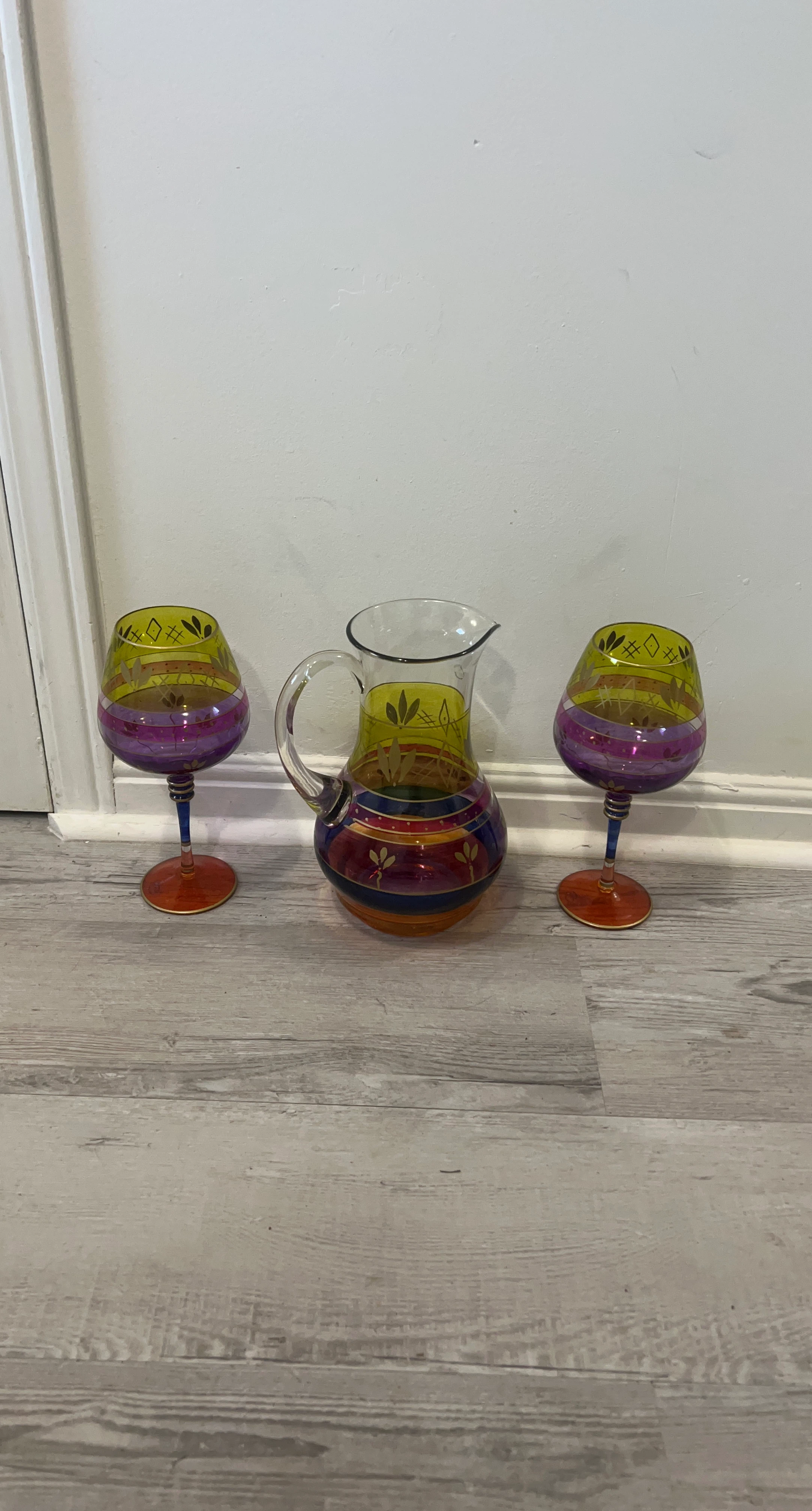 Multicoloured Glass Pitcher and Two Goblets Set