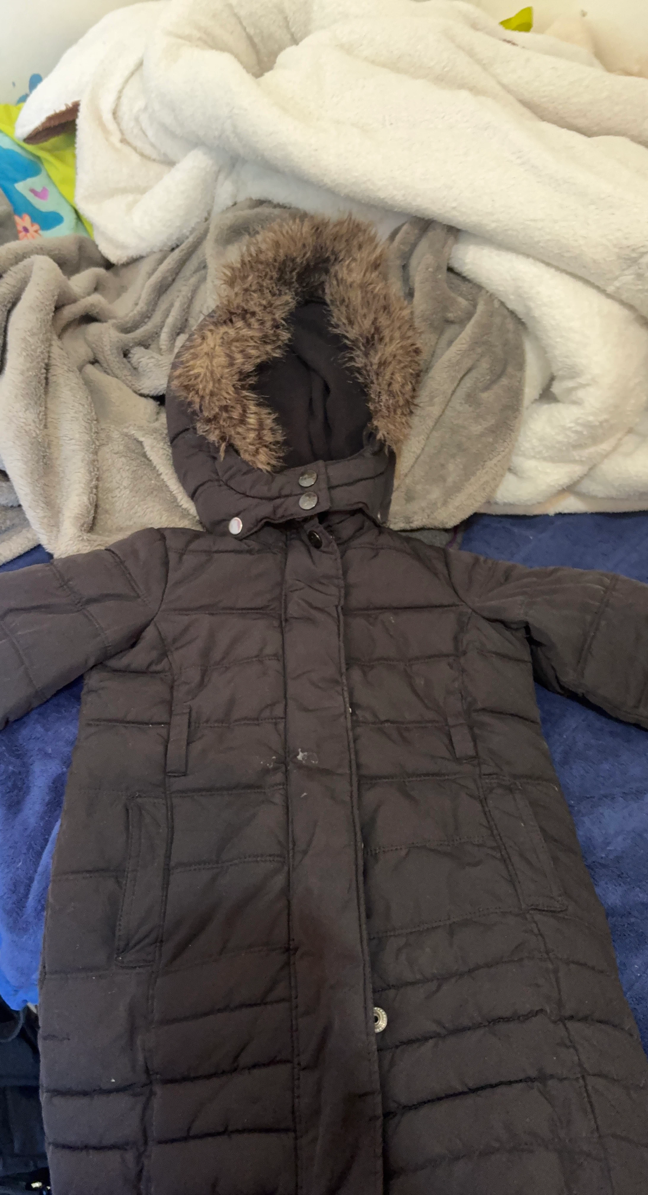 Girls Black Puffer Jacket with Faux Fur Hood