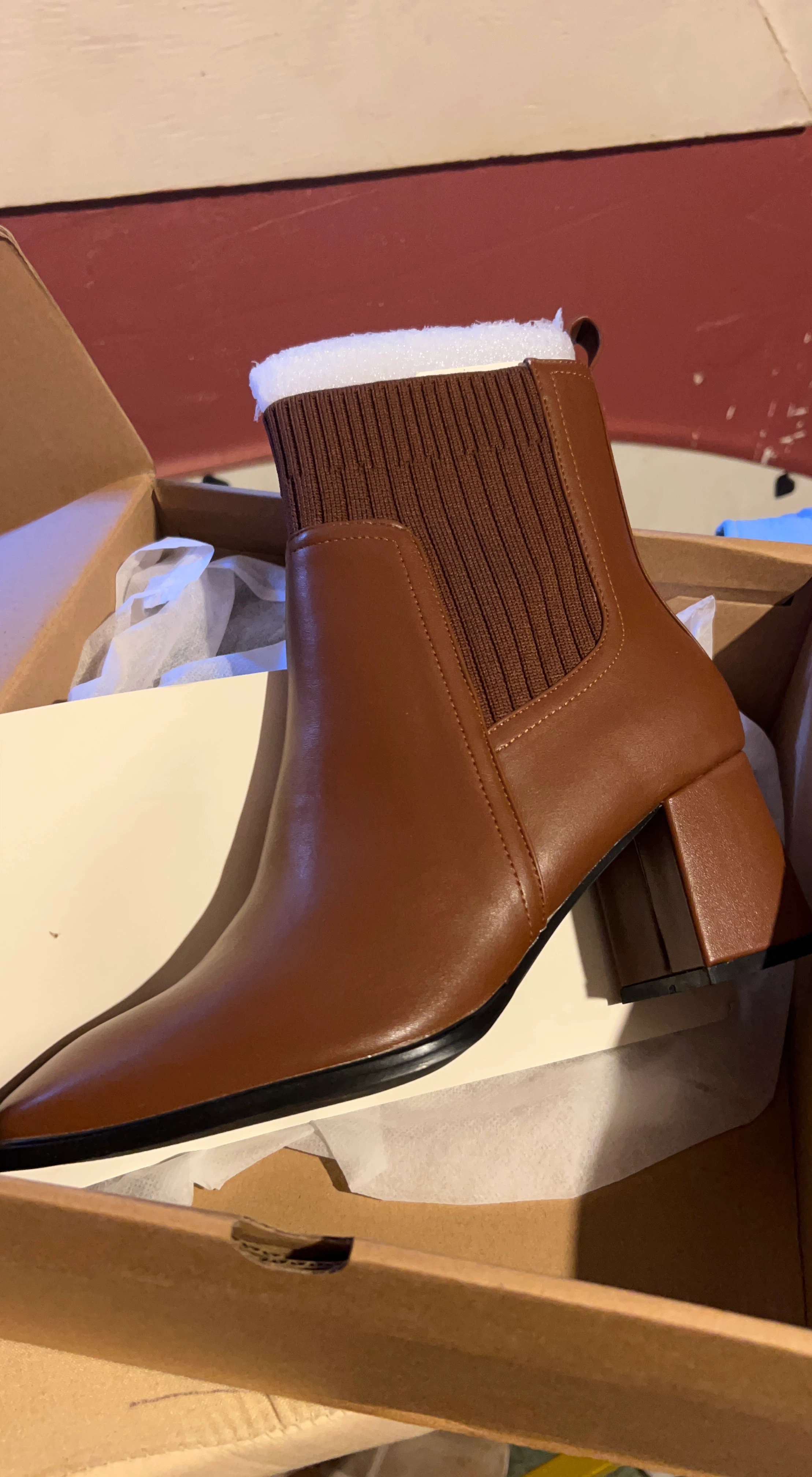Brown Block Heel Knit Ankle Boots