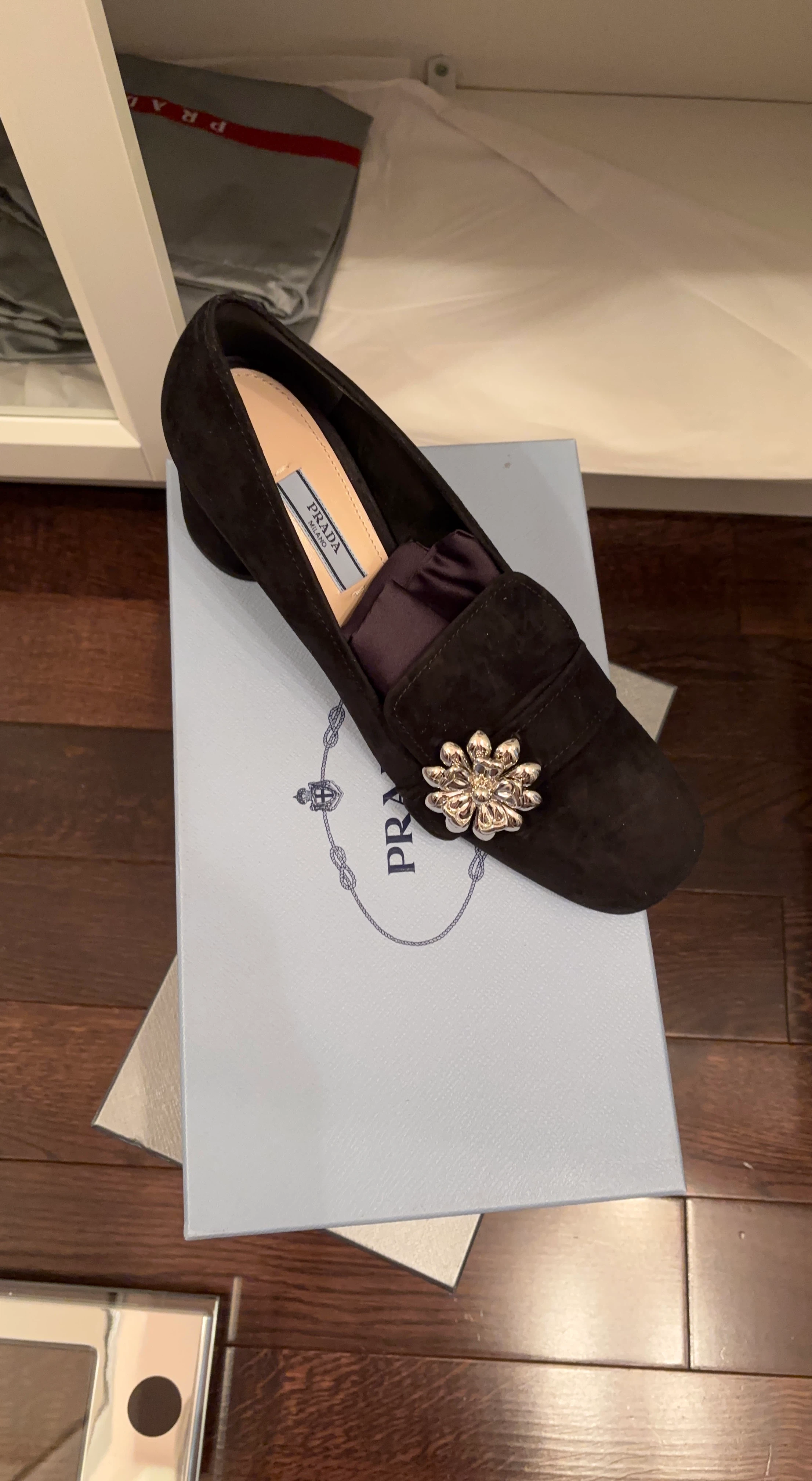 Prada Black Suede Embellished Loafers