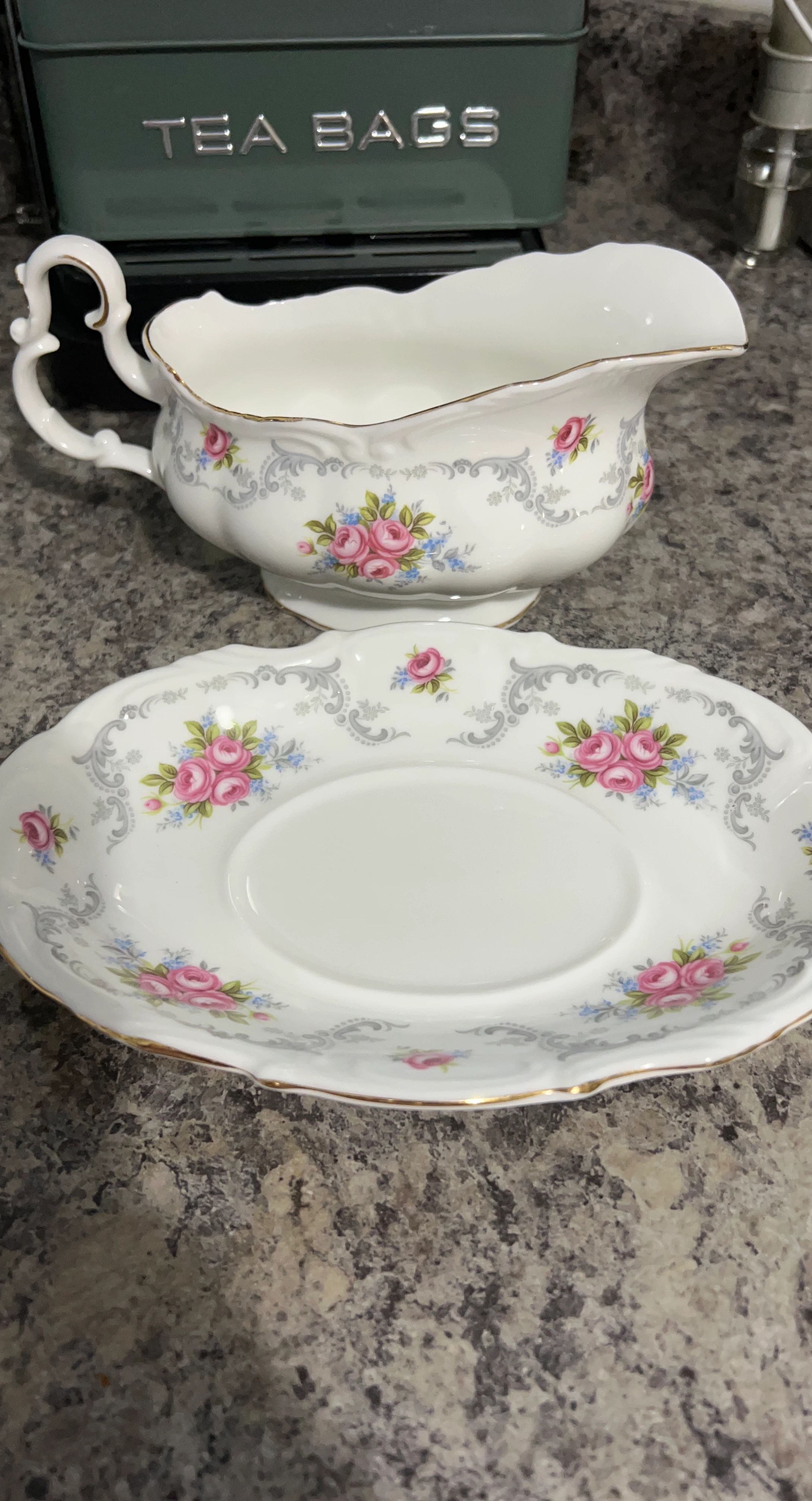 Vintage Floral Porcelain Gravy Boat with Stand