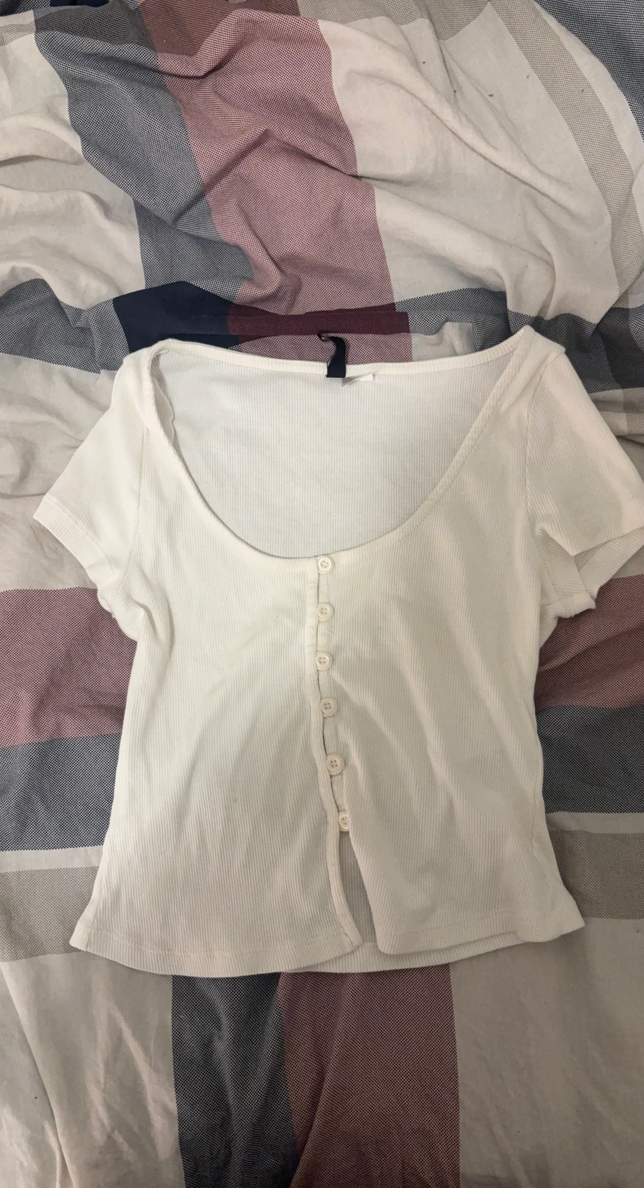 H&M White Ribbed Button-Down Top
