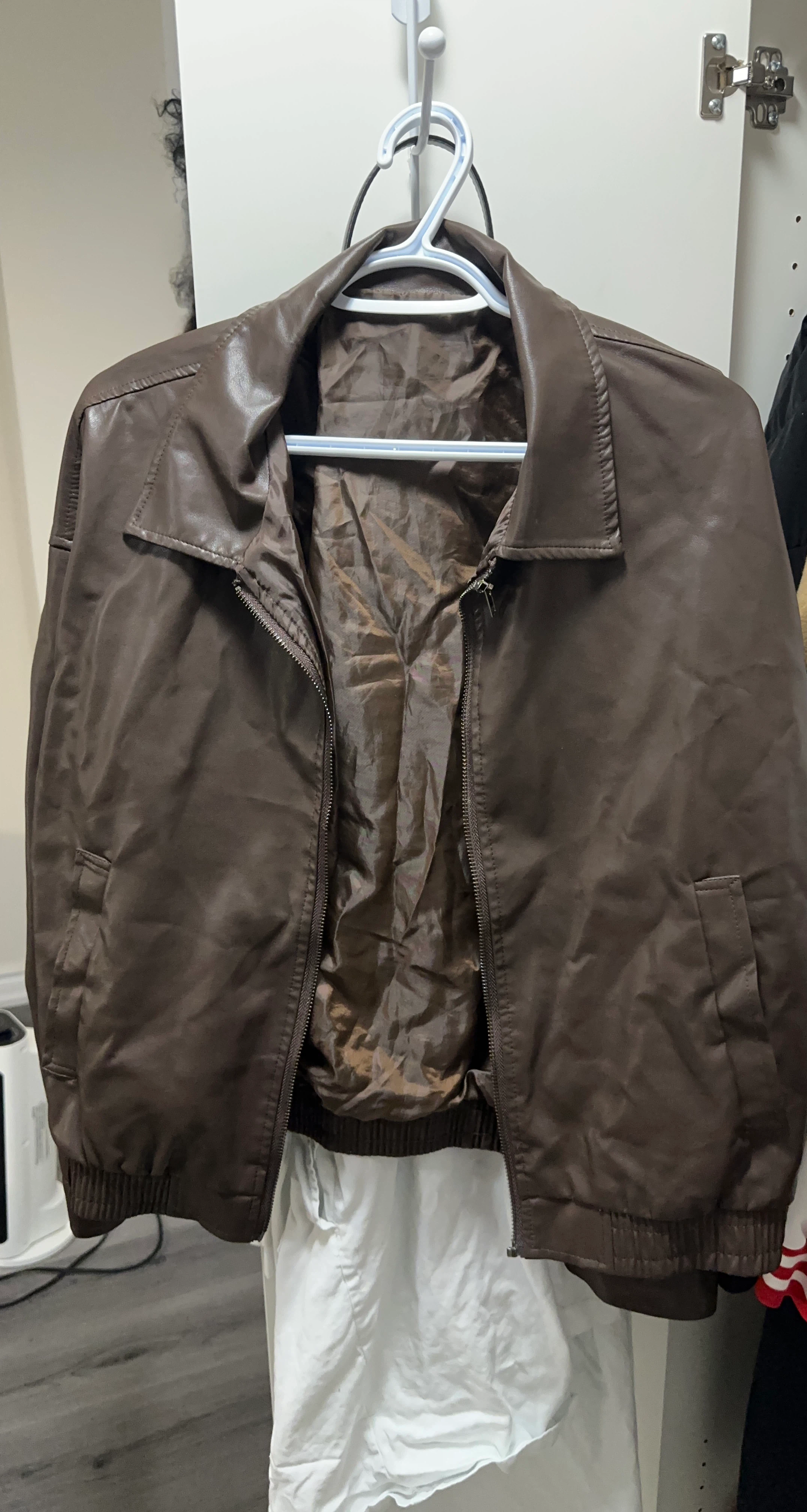 Brown Faux Leather Bomber Jacket