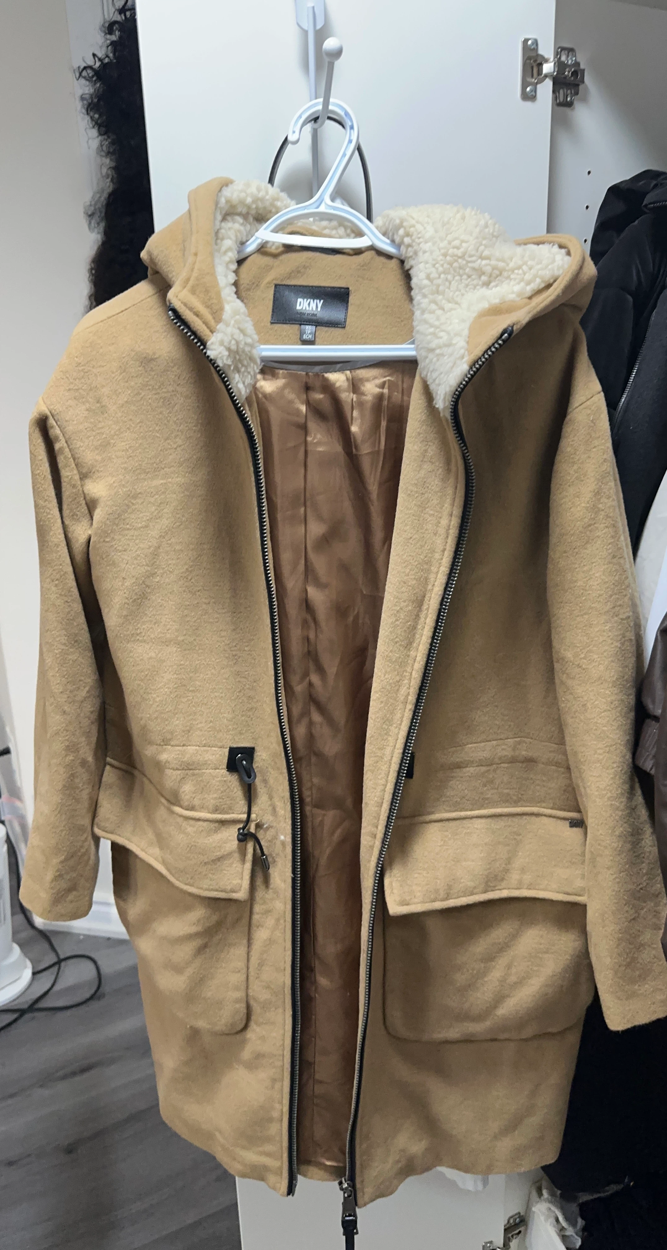 DKNY Tan Wool-Blend Hooded Coat