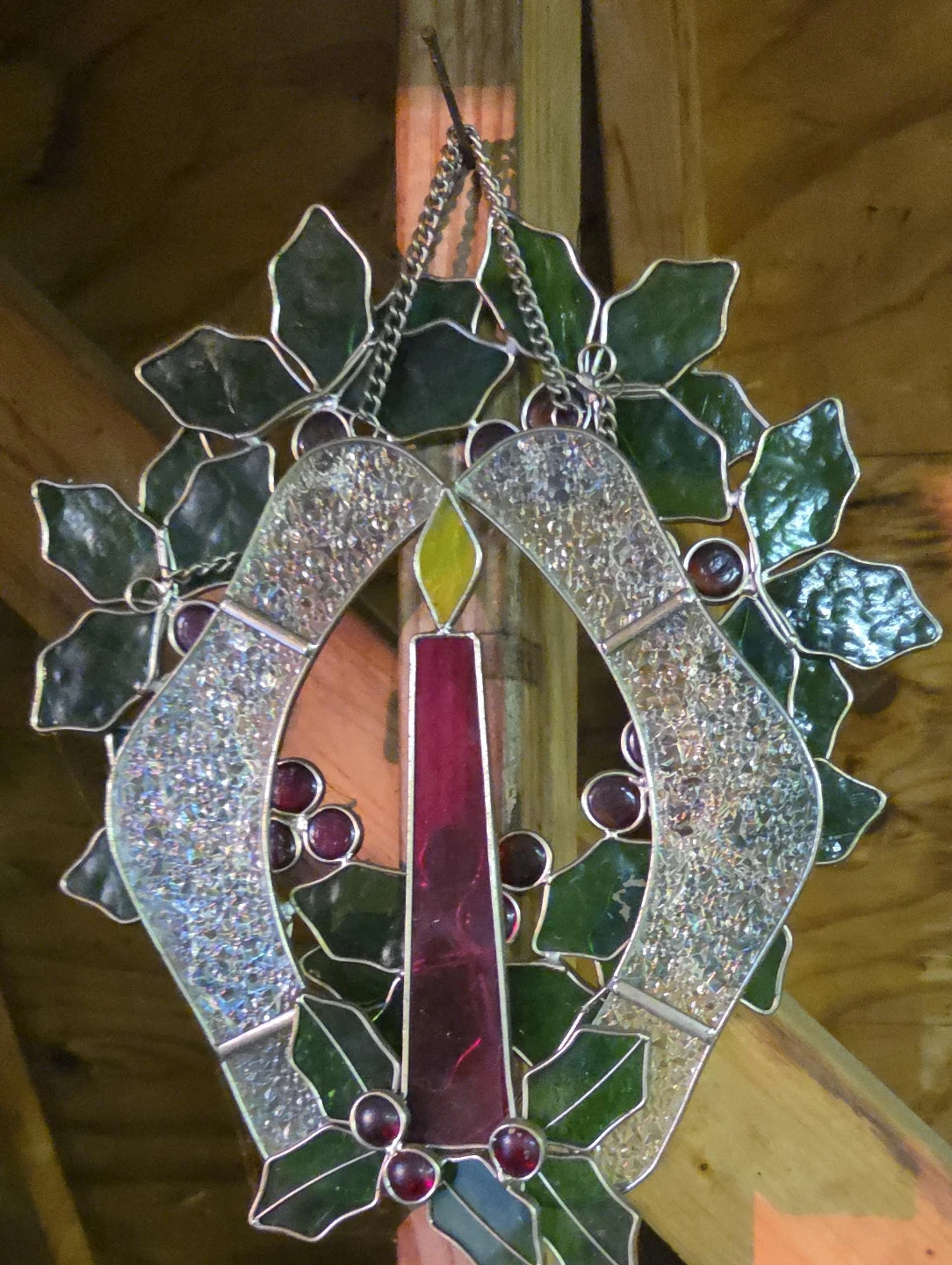 Stained Glass Candle and Holly Holiday Suncatcher