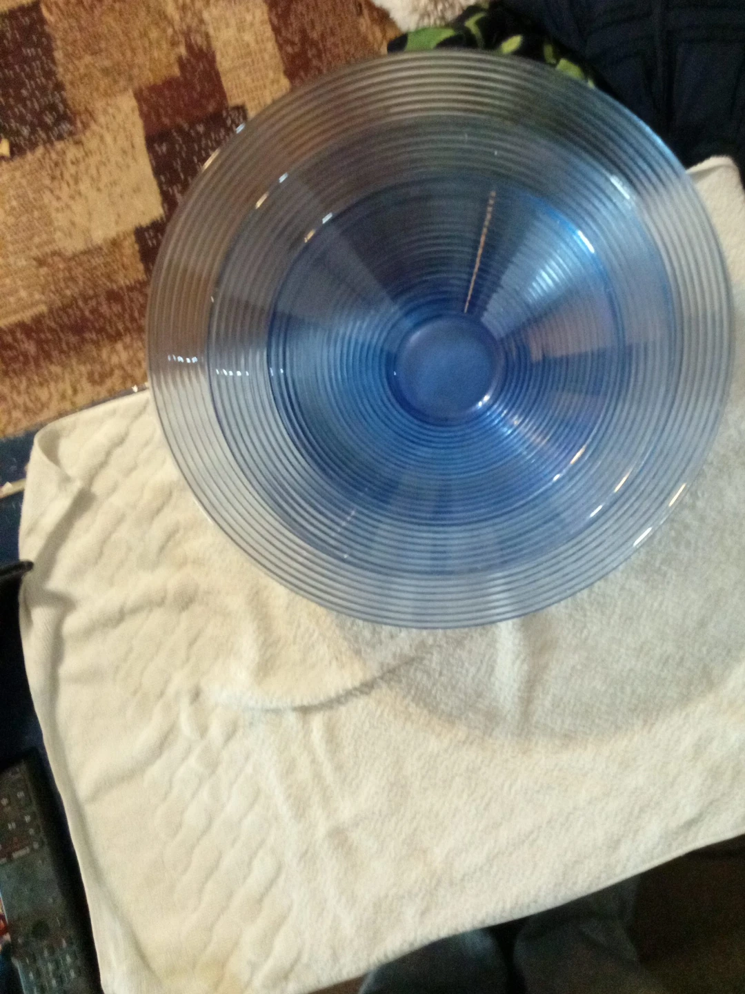 Set of Three Blue Ribbed Glass Bowls