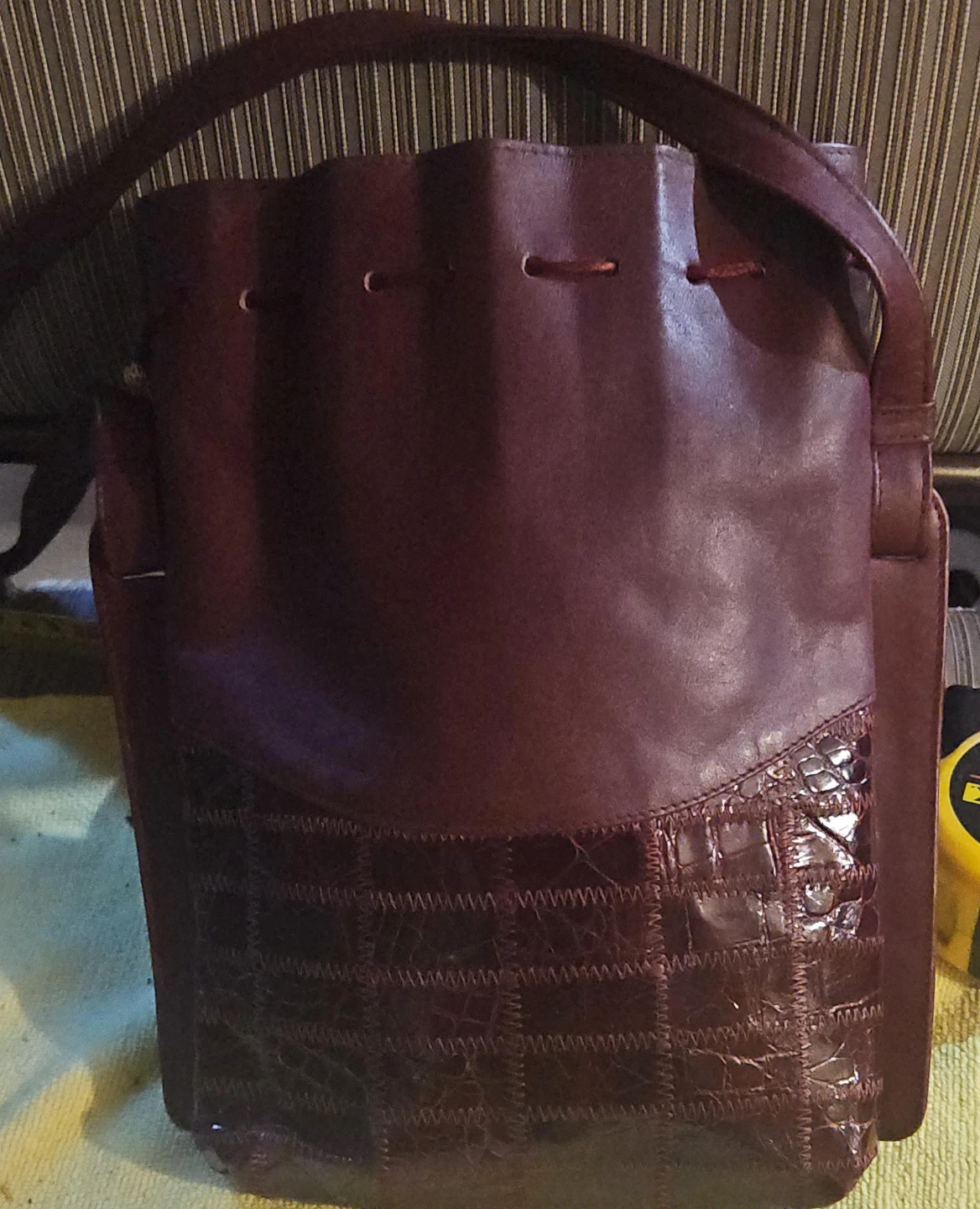 Burgundy Leather Drawstring Bucket Bag