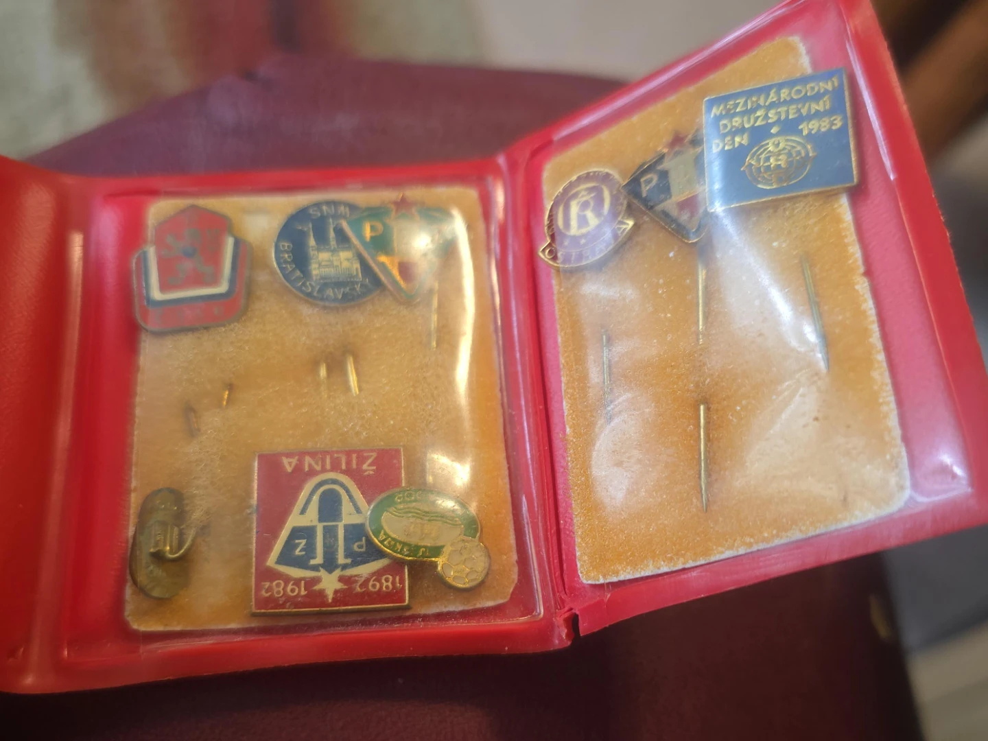 Vintage Collectible Pins in Case and Toy Racing Car