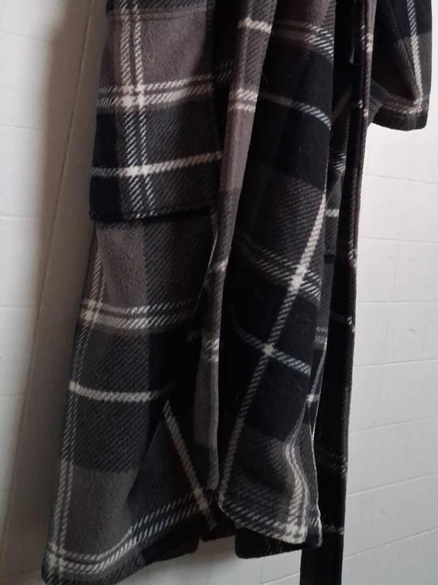 Black and grey plaid fleece robe