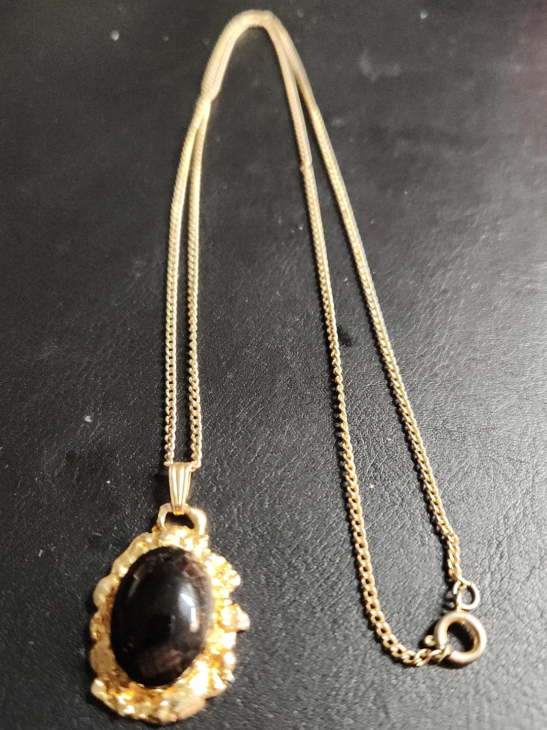 Gold-Tone Chain Necklace with Black Stone Pendant