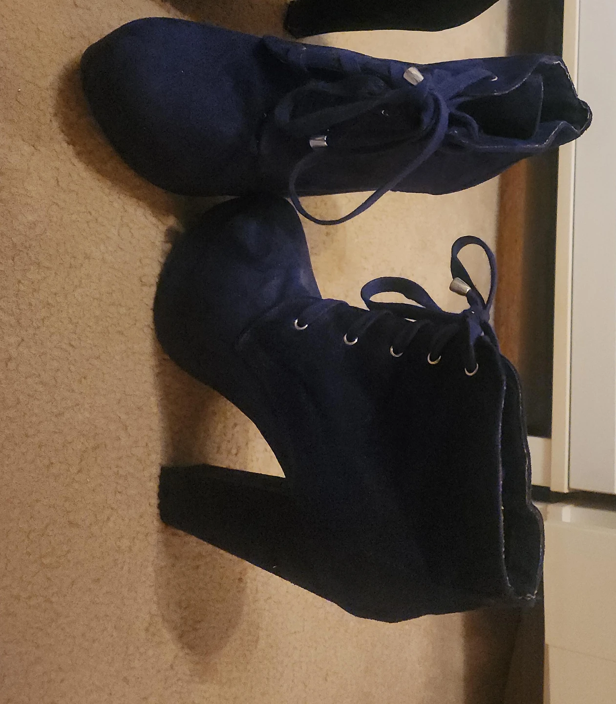 Navy Blue Suede Lace-Up Ankle Boots