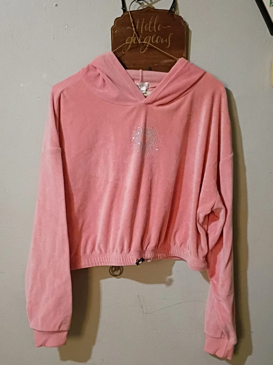 Pink Velour Cropped Hoodie