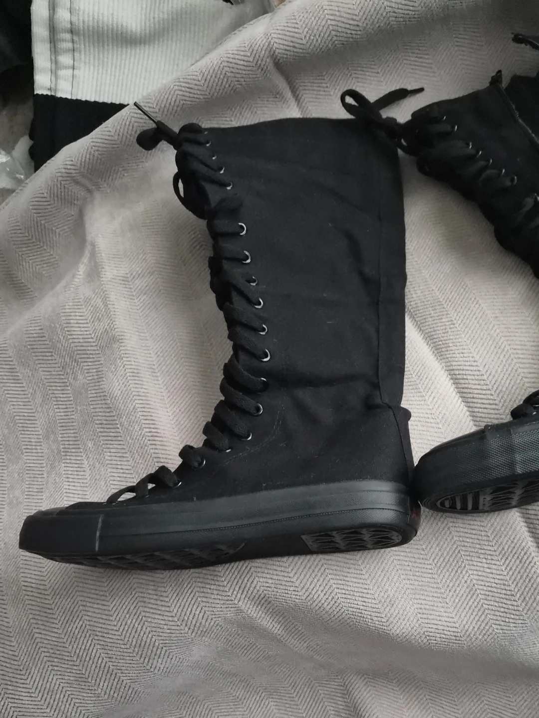 Black Canvas Knee-High Lace-Up Boots