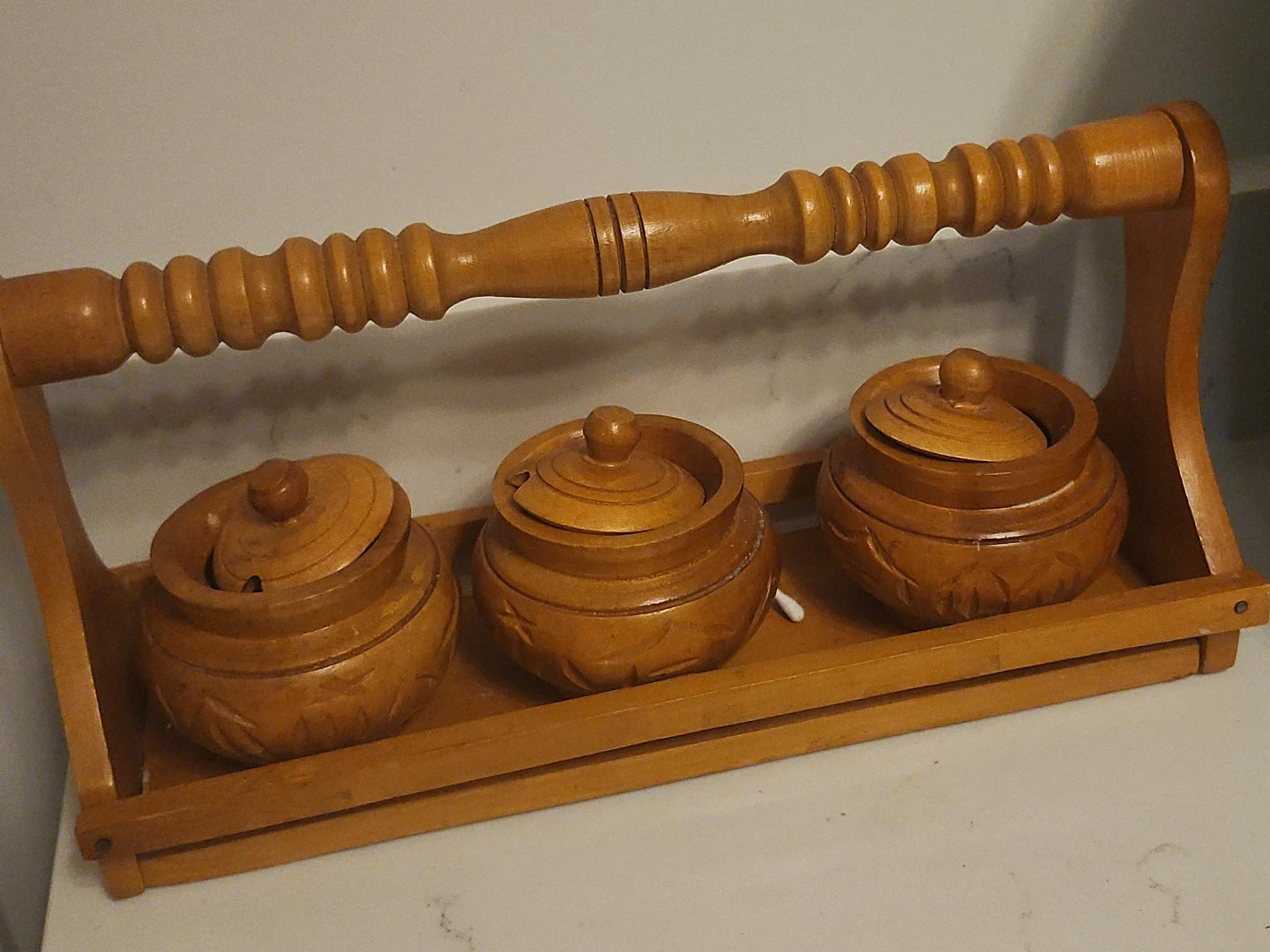 Wooden Condiment Server with Three Bowls