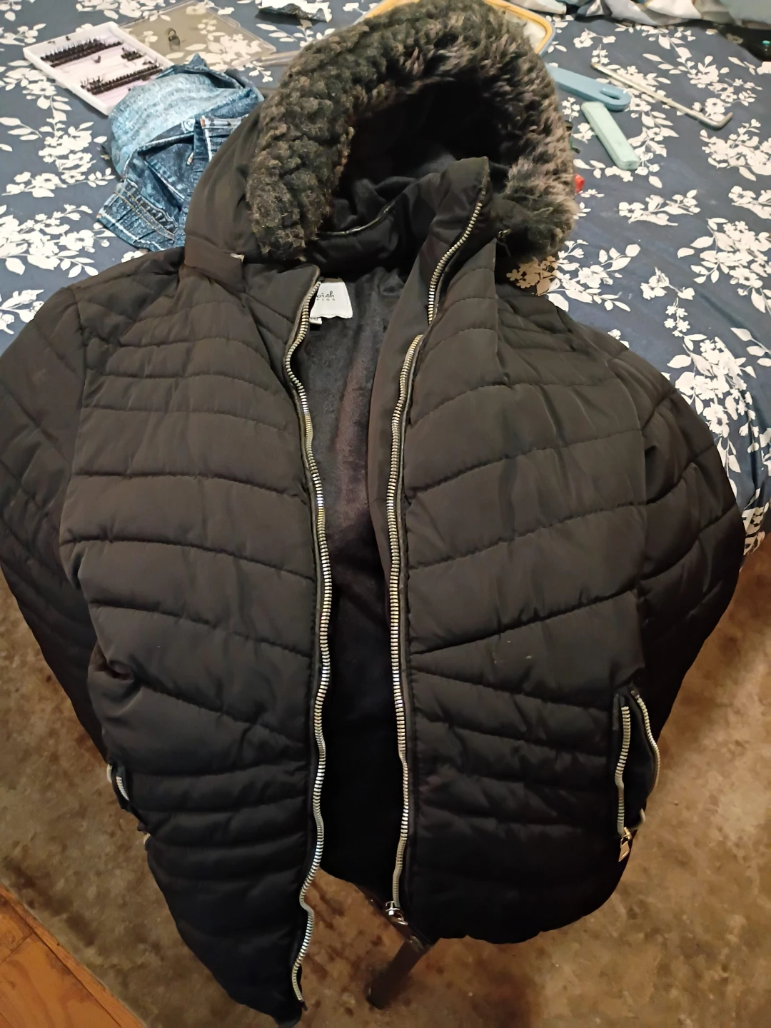 Black Puffer Jacket with Faux Fur Hood