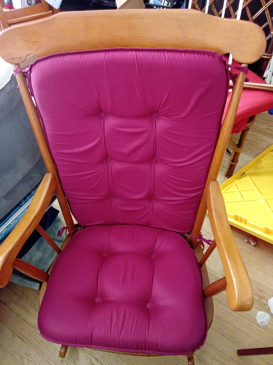 Wooden Rocking Chair with Burgundy Cushions