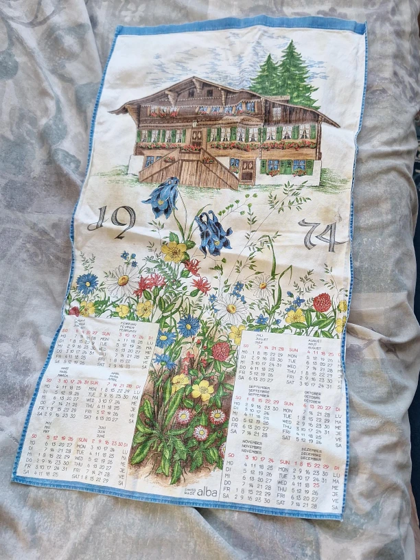 Vintage 1974 Alba Swiss Made Fabric Calendar Towel