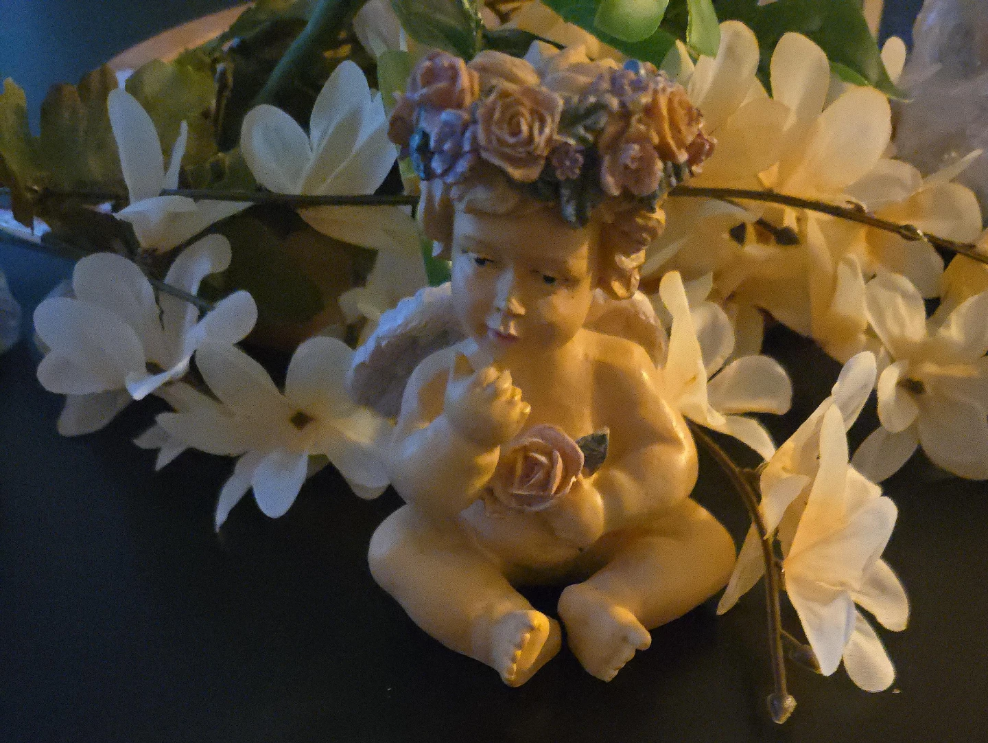 Small Sitting Angel Figurine with Rose Wreath