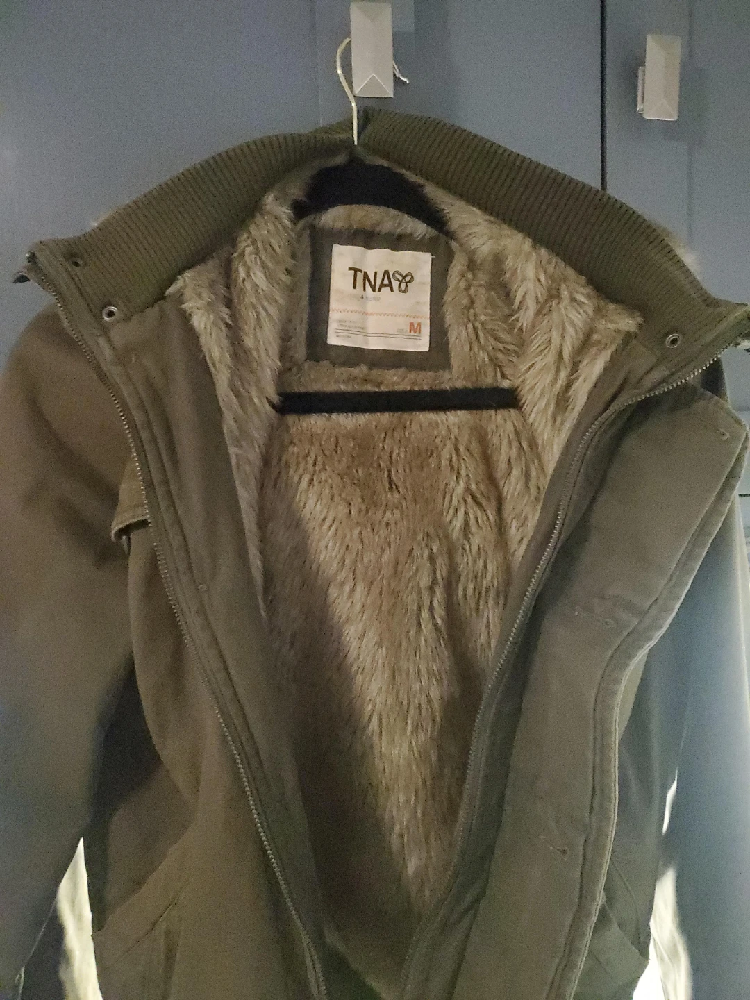 TNA Olive Green Faux Fur Lined Bomber Jacket