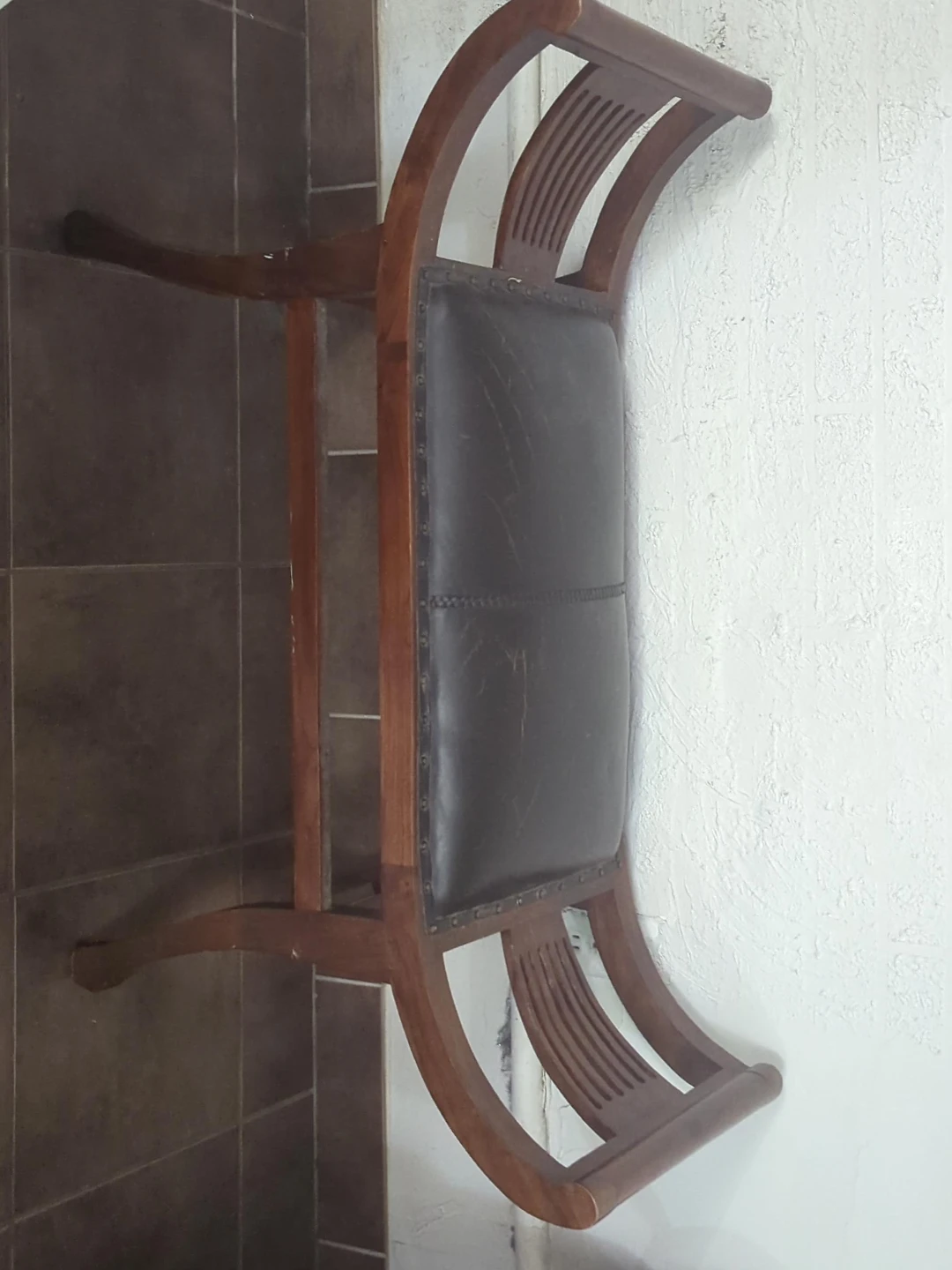 Curved Wooden Bench with Faux Leather Seat