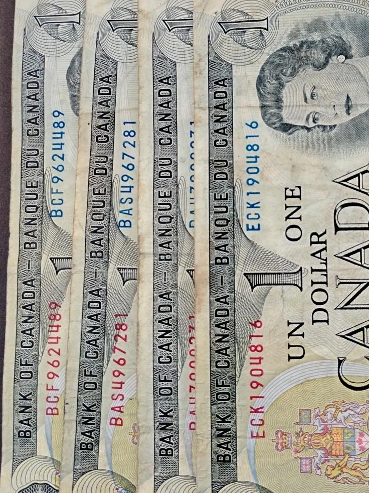 Four Vintage 1973 Canadian One Dollar Bills