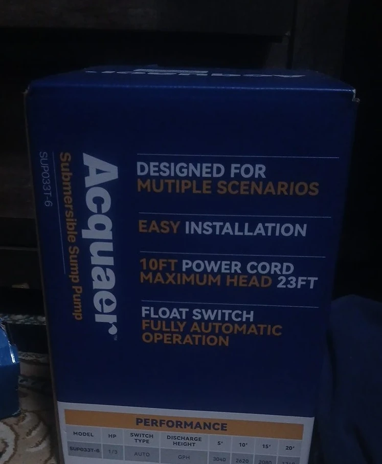 Acquaer 1/3 HP Submersible Sump Pump