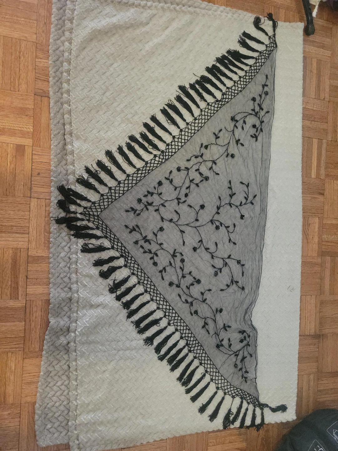 Black Embroidered Triangle Scarf with Tassels