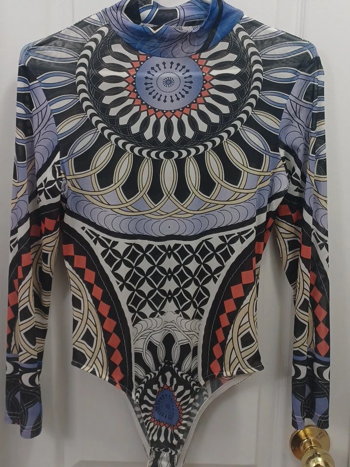 Graphic Print Long Sleeve Mesh Bodysuit