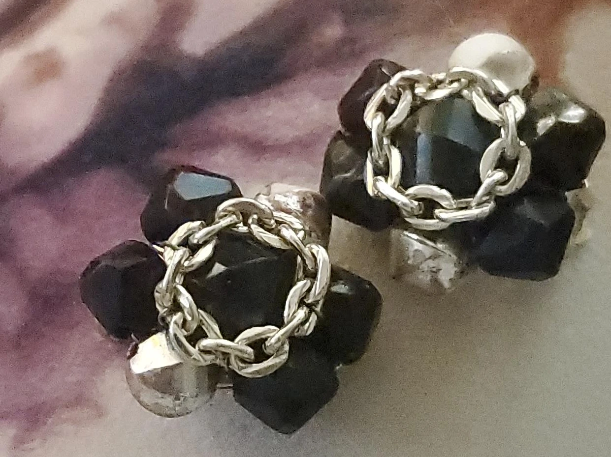 Black Crystal and Silver-Tone Chain Stud Earrings