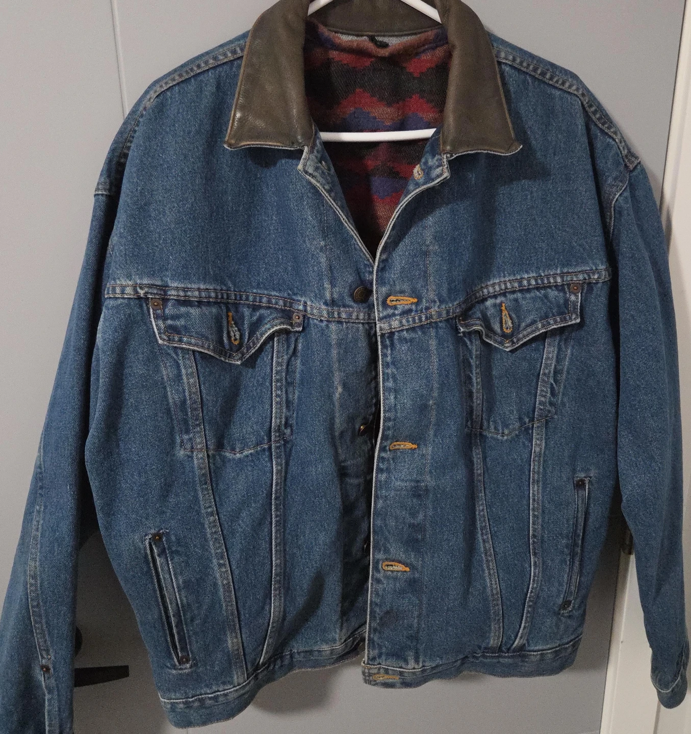 Denim Jacket with Leather Collar
