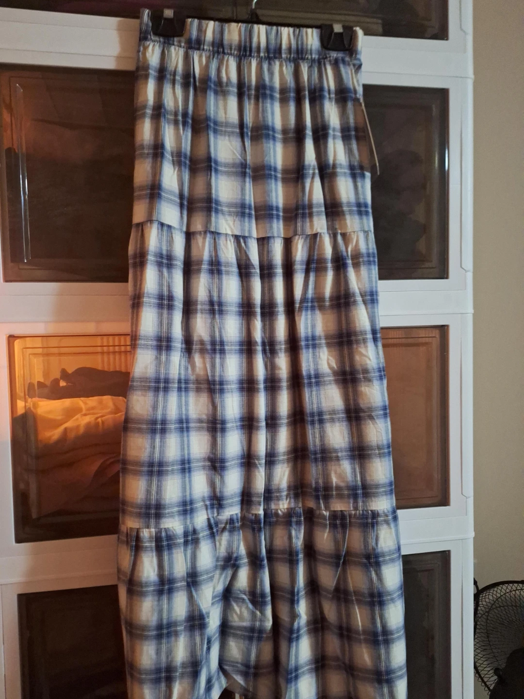 Blue and White Plaid Tiered Maxi Skirt