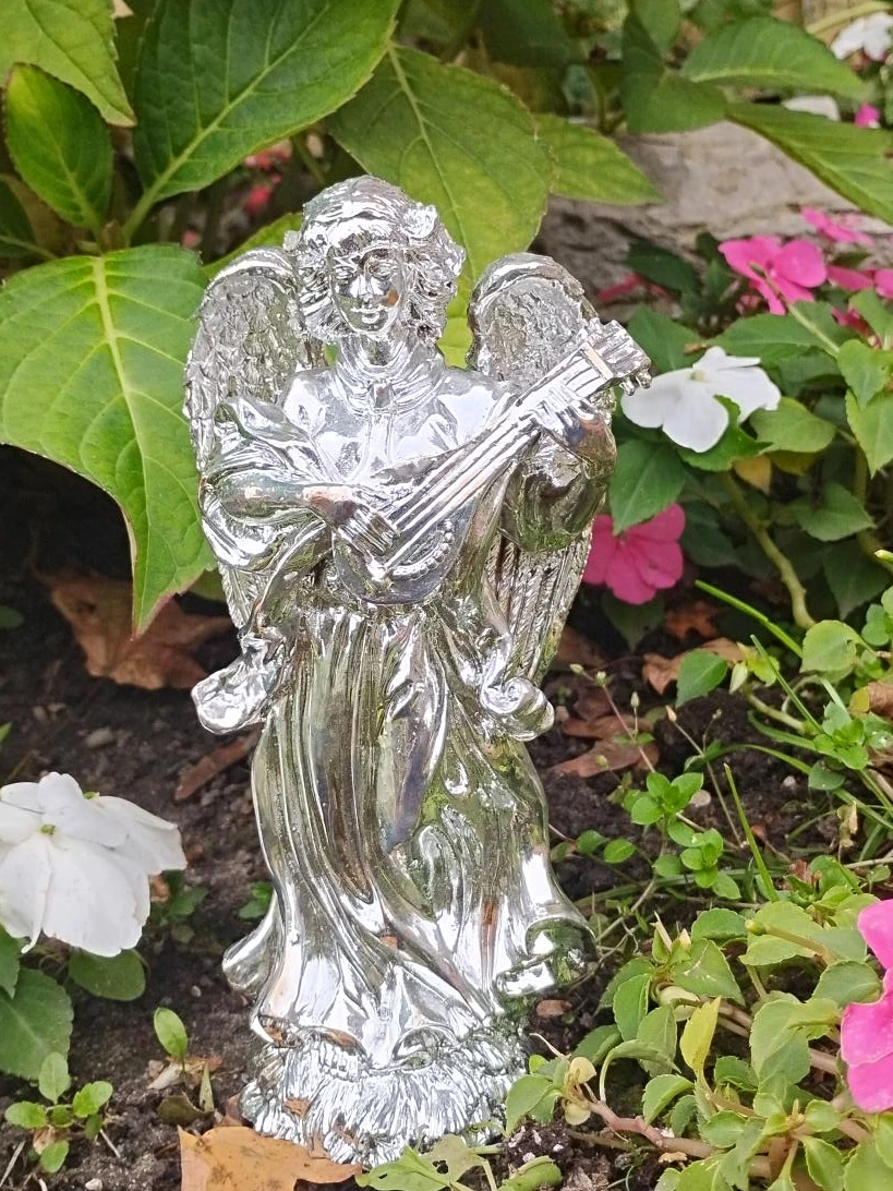 Silver Angel Figurine Playing Lute