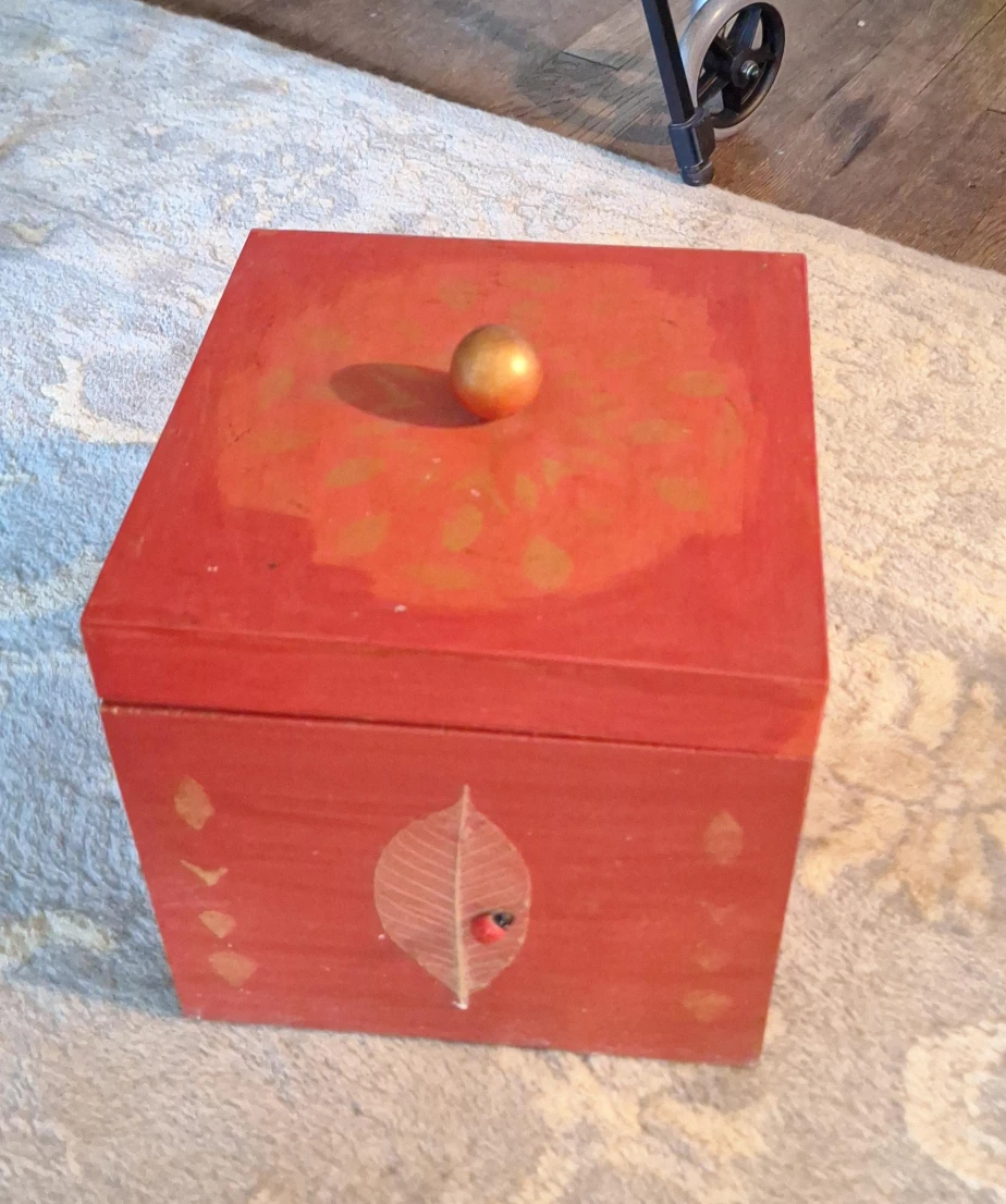Red Wooden Decorative Box with Leaf Motif