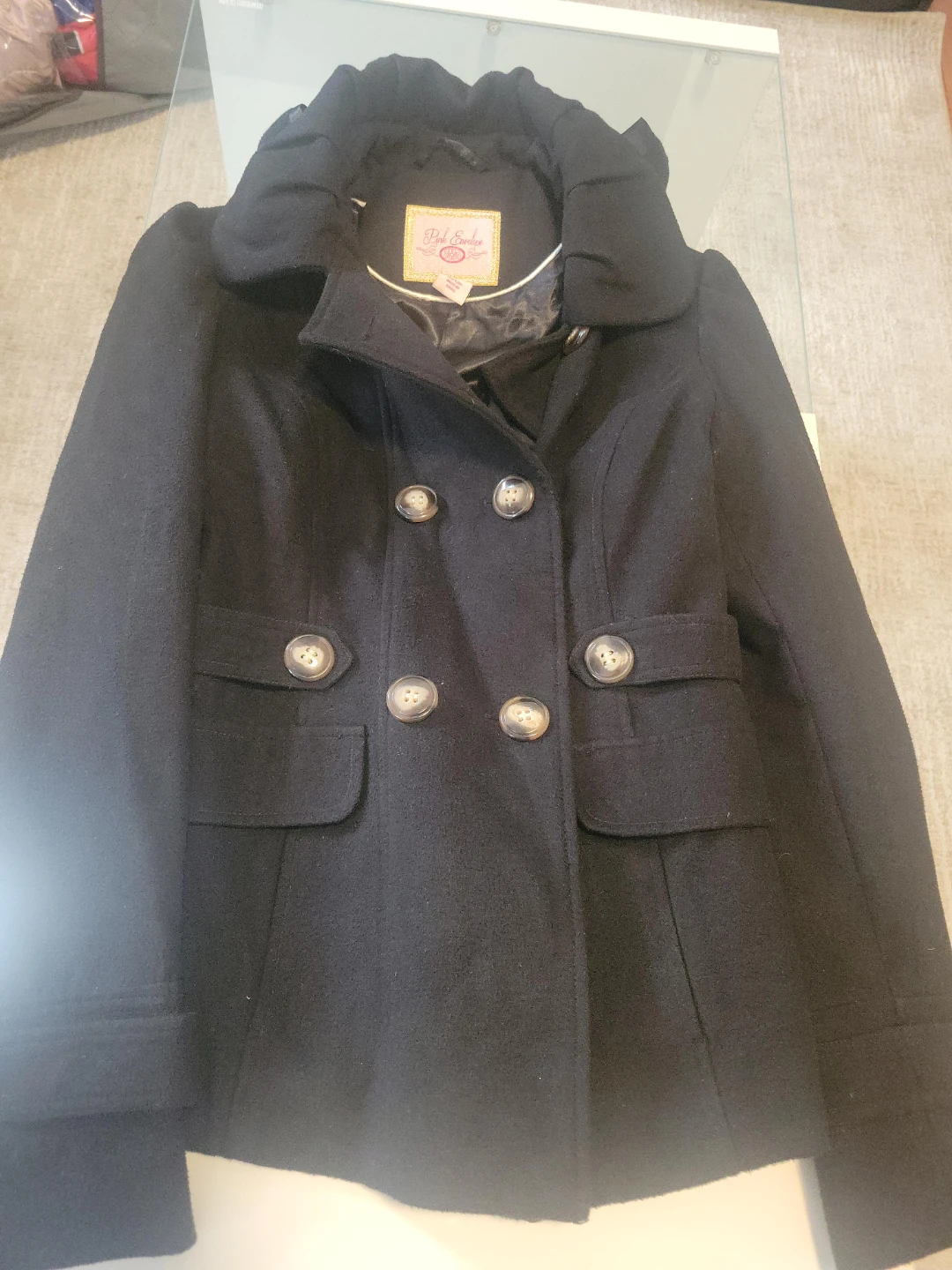 Pink Envelope Black Hooded Pea Coat