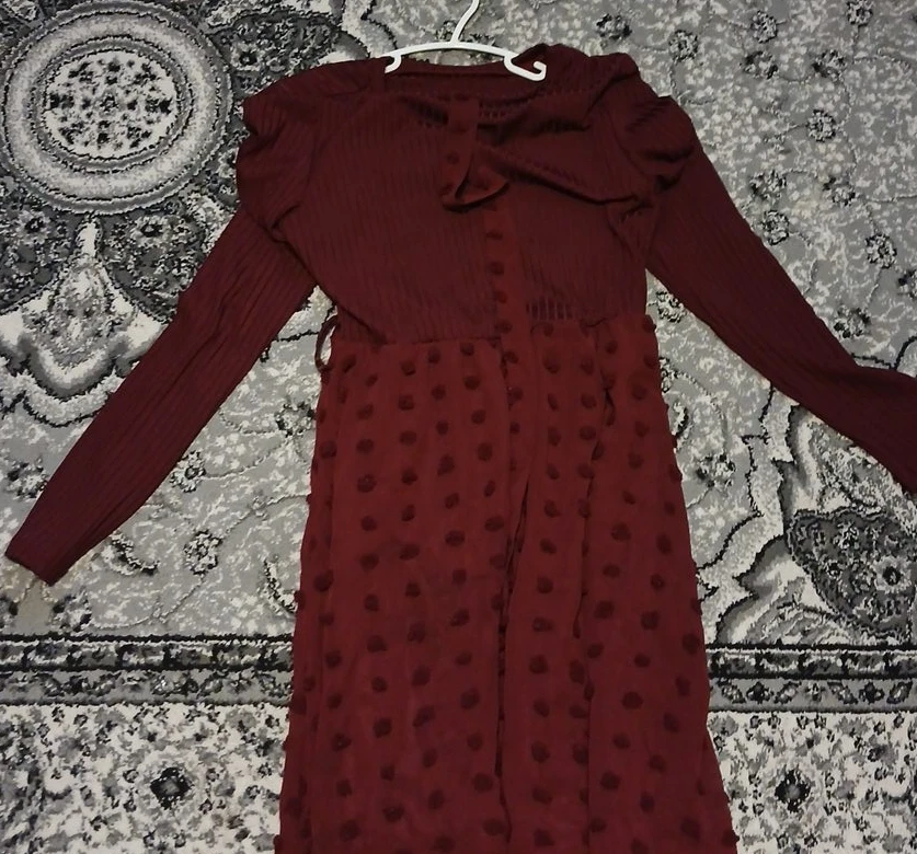 Burgundy Textured Long-Sleeve Dress - photo 2
