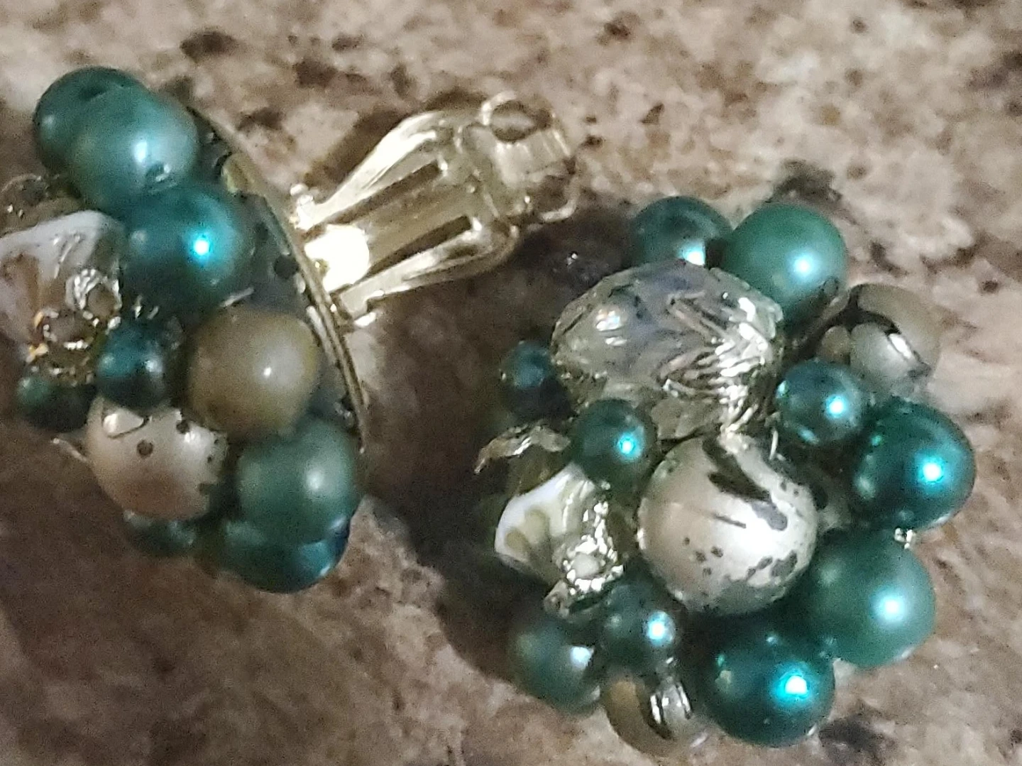 Vintage Teal Bead Cluster Clip-On Earrings